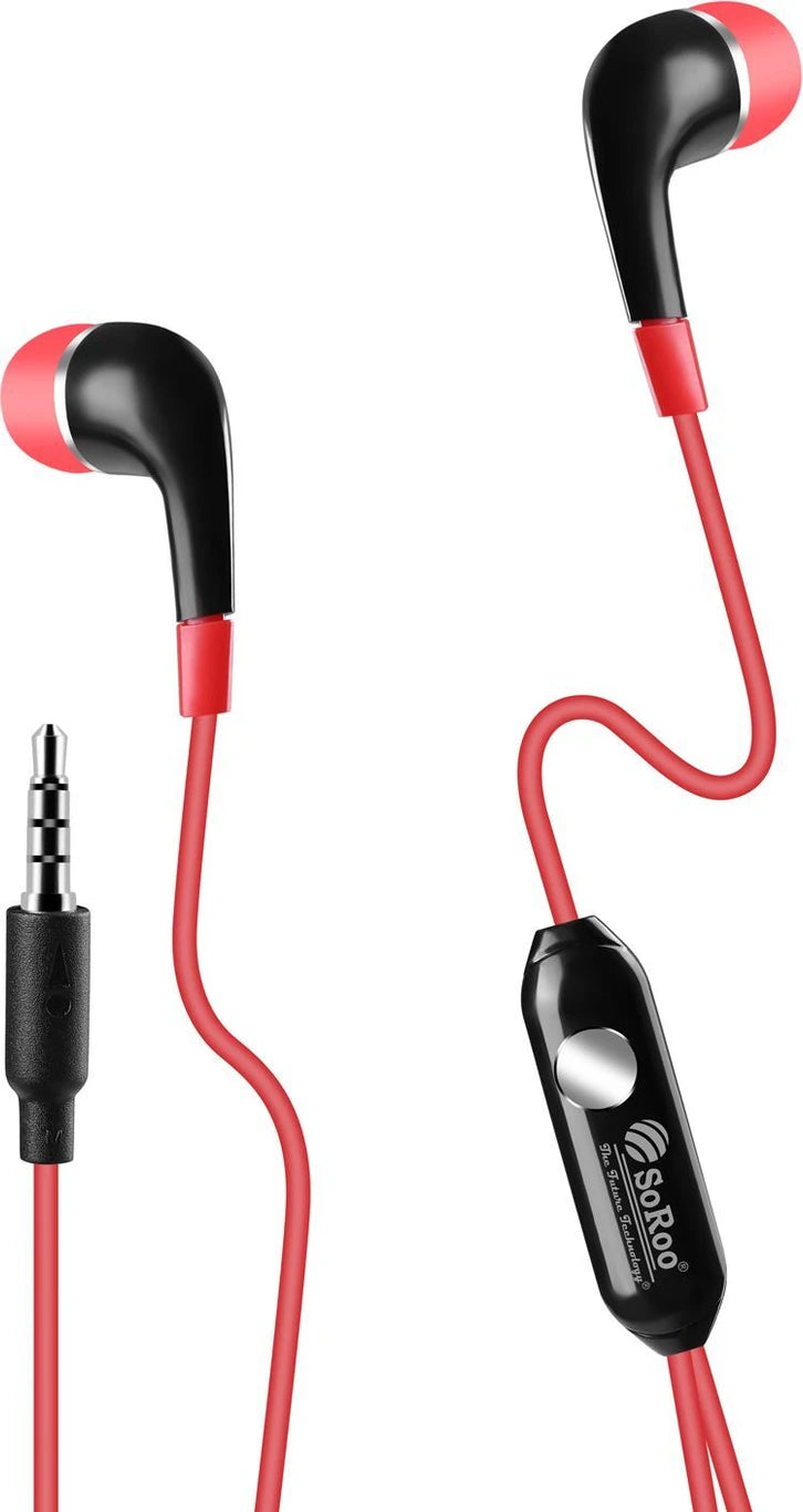 SoRoo 3.5mm Wired Earphones with HD Sound & In-Line Mic (Red/Black)