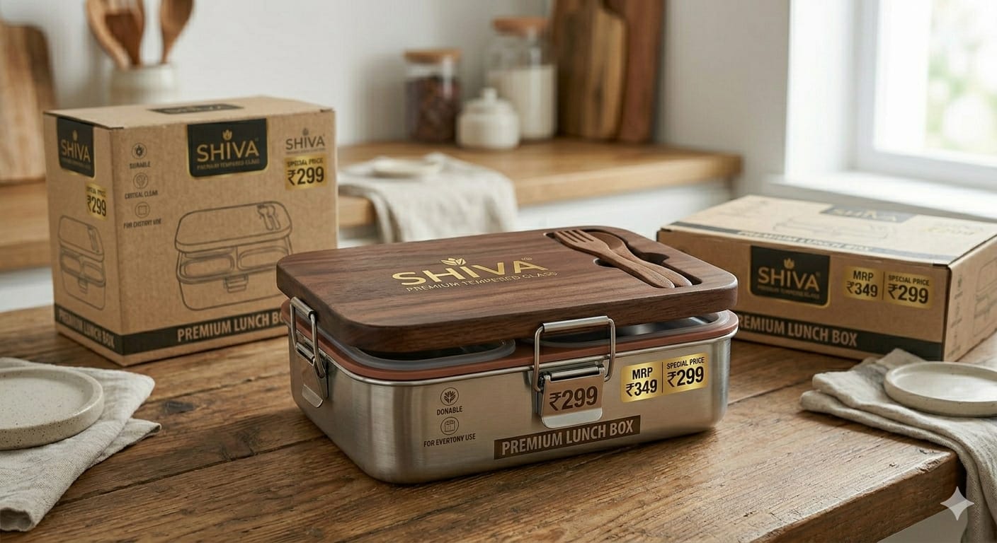 SHIVA Premium Stainless Steel Lunch Box with Wooden Lid
