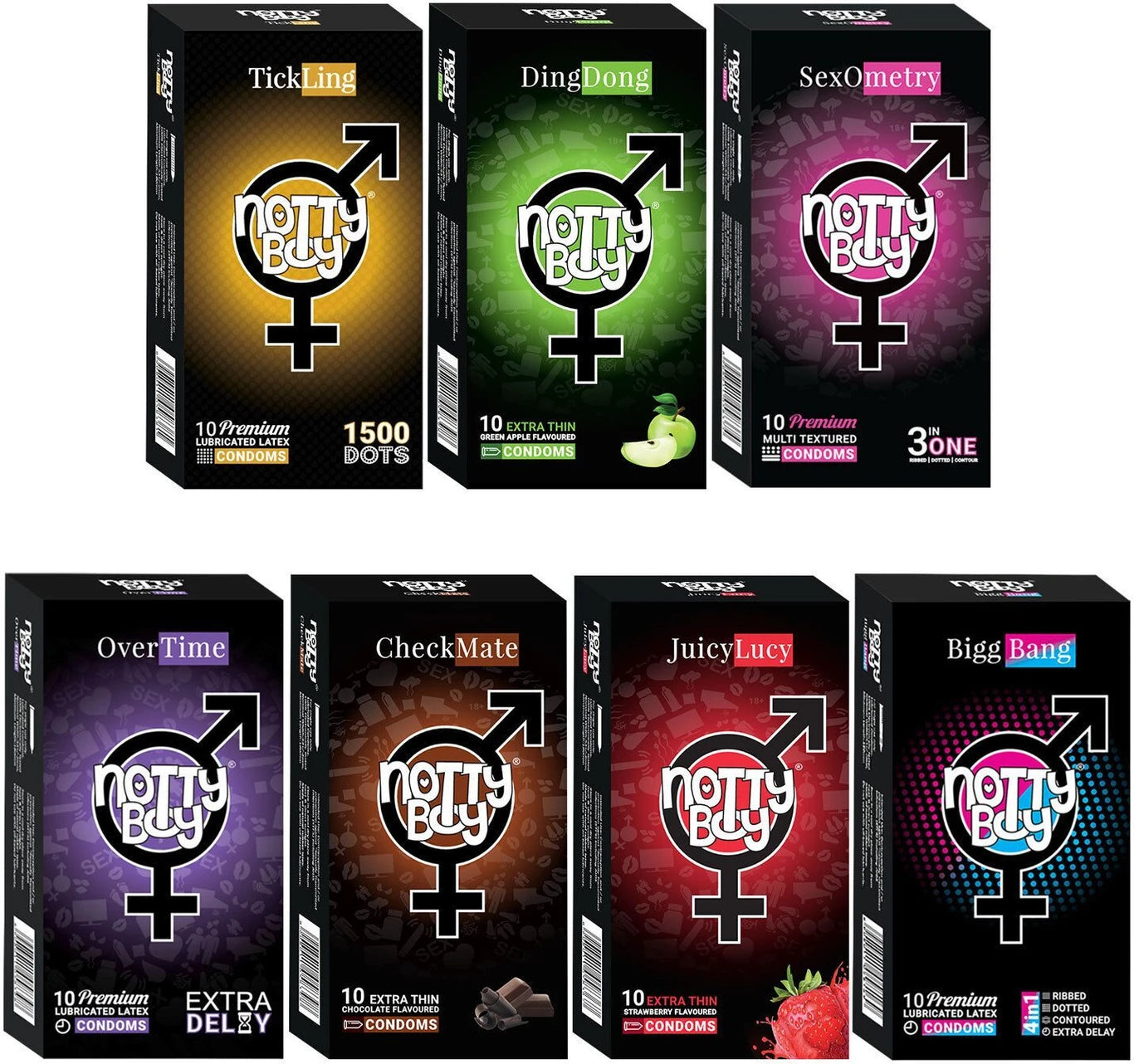 NottyBoy Honeymoon Package - Extra Dotted, Ribbed, Contour, Extra Time & Flavoured Condoms (Set of 7, 70 Sheets)