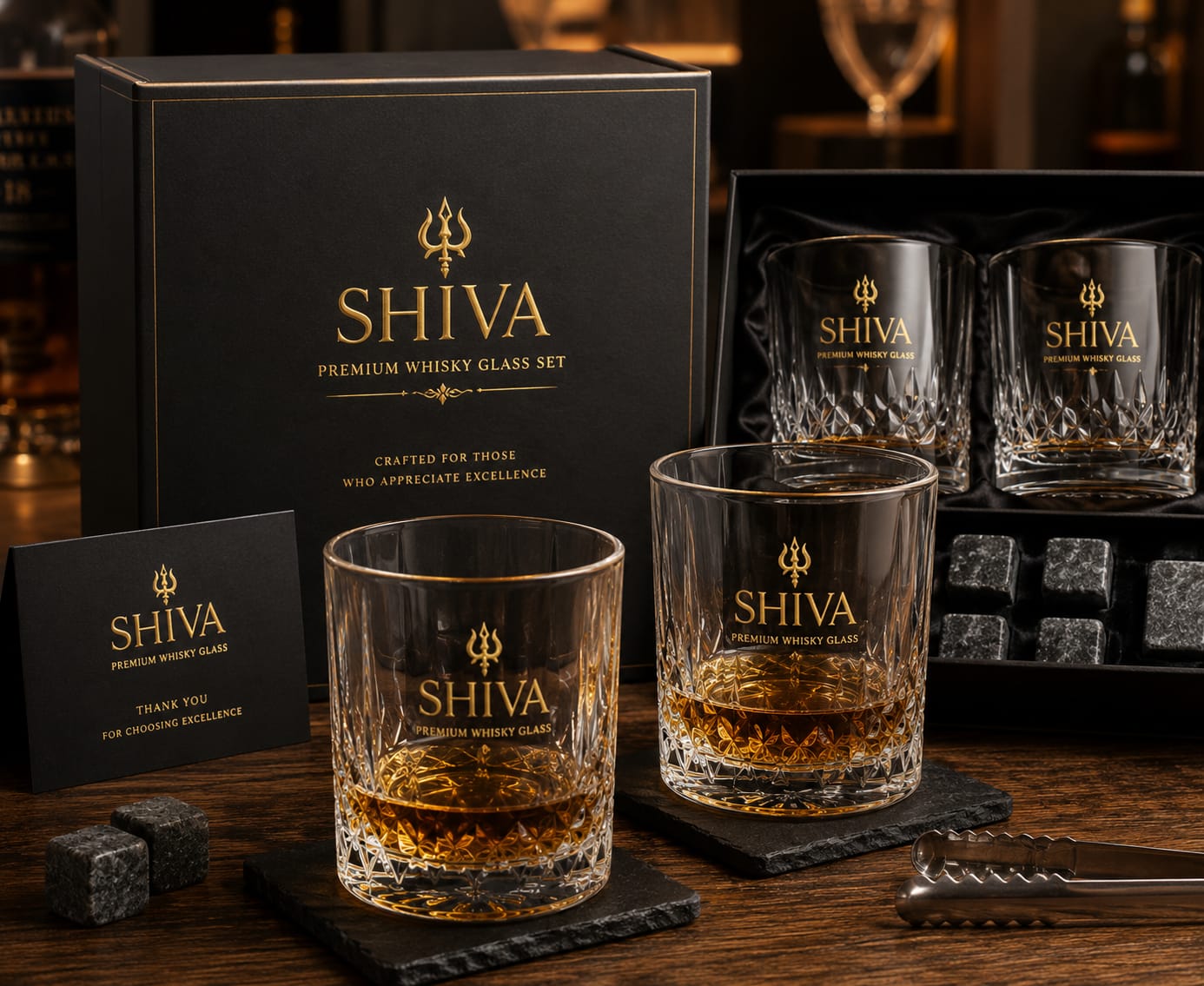 SHIVA Premium Whisky Glass Set | Pack of 6 with Whisky Stones & Gift Box