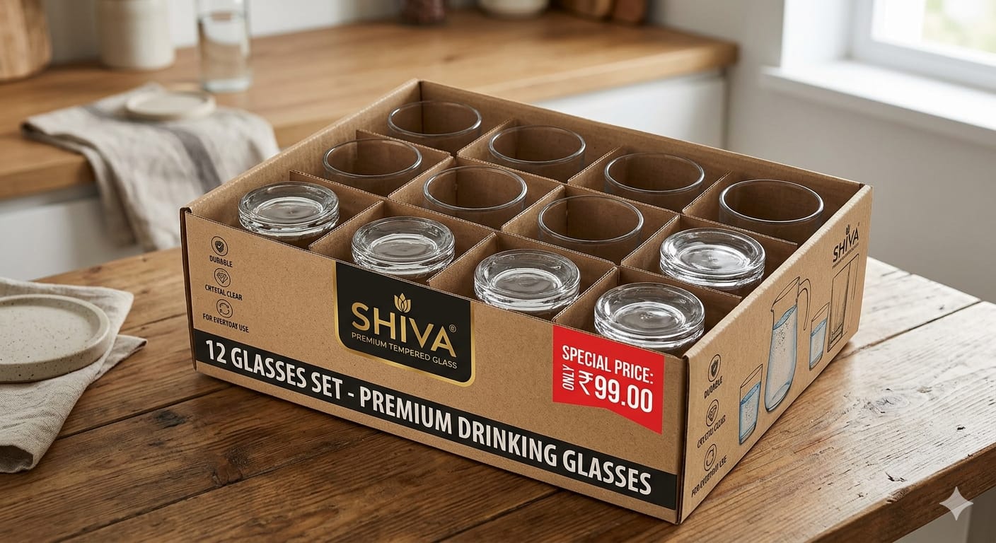 SHIVA Pack of 12 Premium Tempered Drinking Glasses Set
