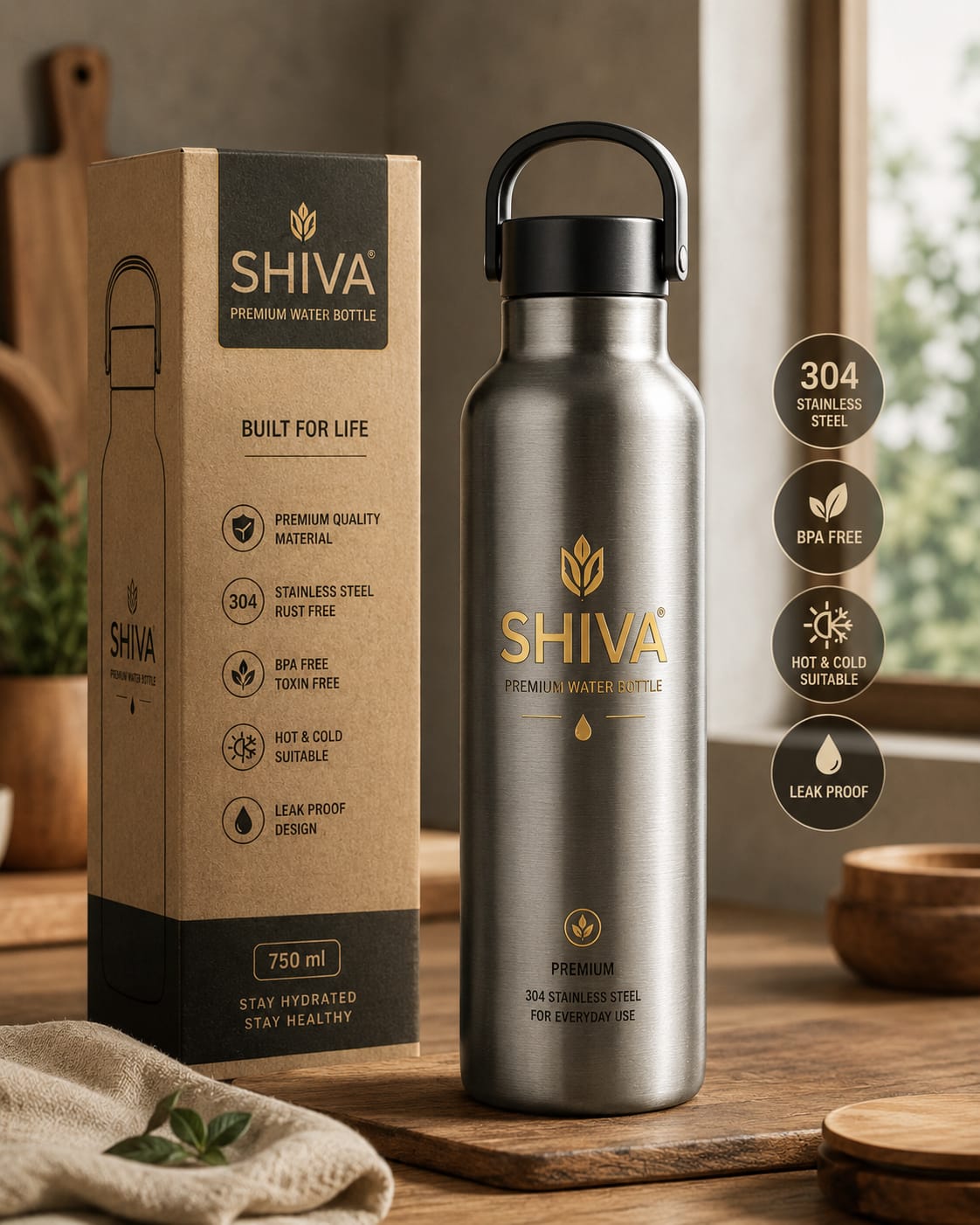 SHIVA Premium 304 Stainless Steel Water Bottle 750ml | BPA Free | Hot & Cold