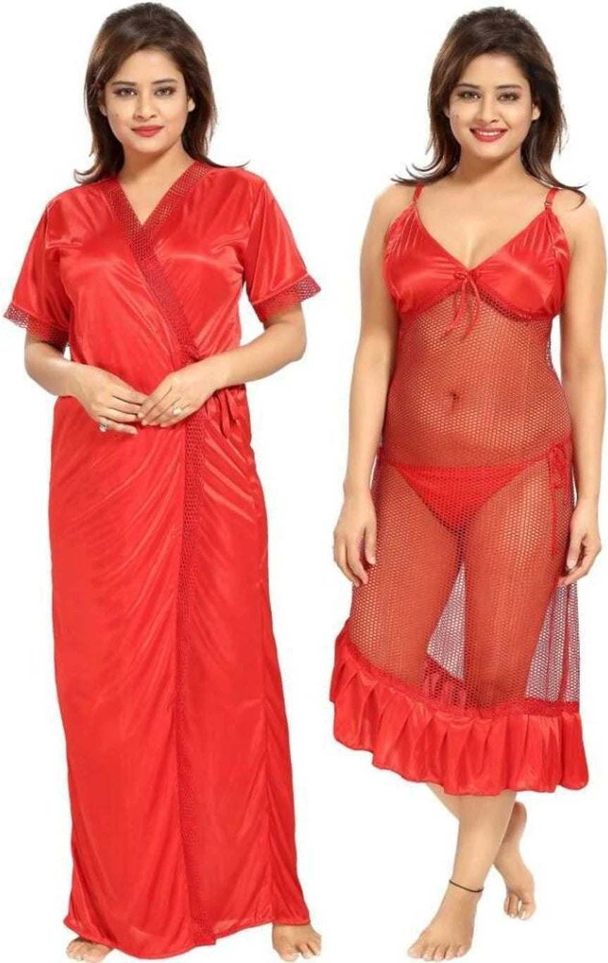 Pack of 3 Women Satin Robe & Net Babydoll Lingerie Set