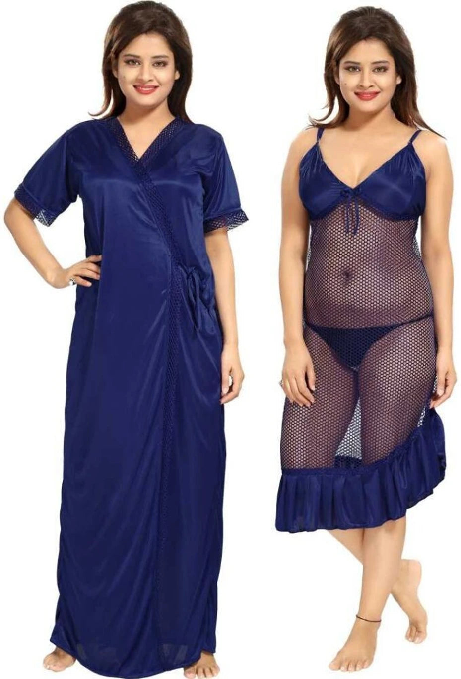 Pack of 3 Women Satin Robe & Net Babydoll Lingerie Set