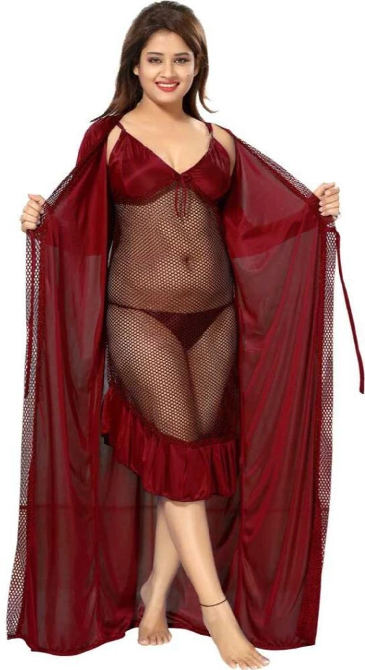 Pack of 3 Women Satin Robe & Net Babydoll Lingerie Set